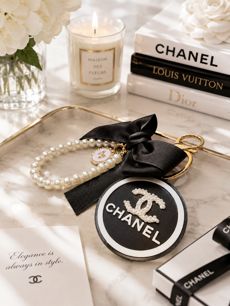 Luxury bow and pearl wristlet keychain detail view
